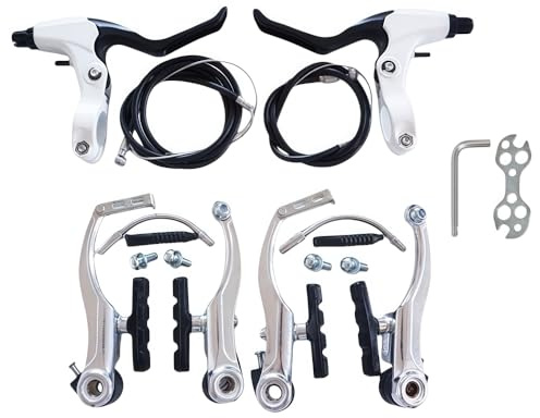 GUOFANG Fahrrad-V-Brake-Kit, universelles Bremsystem für Vorder- und Hinterrad, bestehend aus Bremshebeln, Bremssätteln, Bremszügen und Bremsbelägen. (Silbernes Komplettset)
