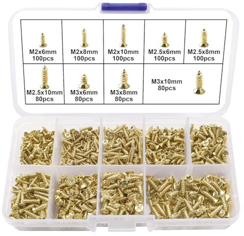 Voogenzek 820 Pezzi M2 M2.5 M3 Set Di Viti Per Legno Piccole, Viti Per Legno a Testa Svasata Phillips, per Legno, Cartongesso, Mobili, Riparazioni (Miniatura Oro)