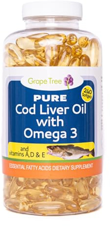 Grape Tree Cod Liver Oil 1000mg High Strength 240 Capsules. Cod Liver Oil Rich in Omega 3 EPA DHA Fatty Acids + Vitamins A, D & E High Strength Fish Oil. Supports, Heart Health, Brain, Vision, Joints