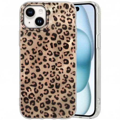 Tawarror Handyhülle für iPhone 15, Ästhetische Retro Leopard Gepard Muster Schutzhülle, Glitzer Bling TPU+PC Hybrid Stoßfest Anti-Fingerabdruck Case, Gold-Braun