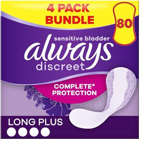 Always Discreet Incontinence Liners Women Long Plus 20 Panty Liners, (Pack of 4) Lock in Leaks and Odours, for Sensitive Bladder