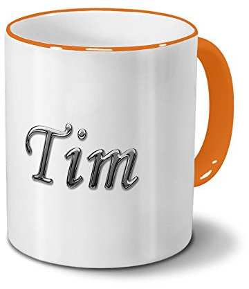printplanet Tasse mit Namen Tim - Motiv Chrom-Schriftzug - Namenstasse, Kaffeebecher, Mug, Becher, Kaffeetasse - Farbe Orange