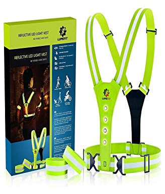 LUMEFIT Warnweste Reflektorweste Sicherheitsweste Reflektierende gelbe Laufwesten mit Armbändern High-Vis für die Sicherheit von Kindern Frauen Männern 8 helle LEDs Tag und Nacht Motorrad Radfahren