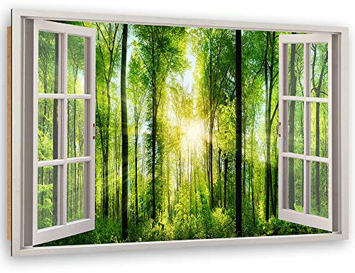 Feeby - Wandbilder Wohnzimmer 60x40 cm, Deko Paneel Bilder, Bilder für Schlafzimmer, Echter Gemalter Effekt, Moderne Wanddeko, Gemälde - Fensterblick Wald - Grün