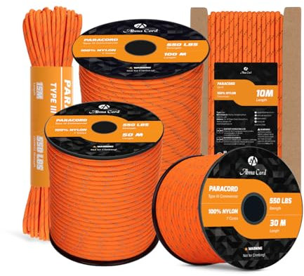 Abma Cord Paracord 550 4mm 30M 100% Nylon Seil Typ III Schnur mit 7 Kern für Basteln, Camping, Survival, Outdoor - Max. 250kg (550lbs) - Reflektierend Orange