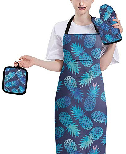 HUGS IDEA Ananasblaue elegante Polyester-Leinen-Schürzen, ein Paar Küchenhandschuhe, zum Backen, Grillen, als Geschenk, dickes Baumwoll-Tischset für Damen und Herren