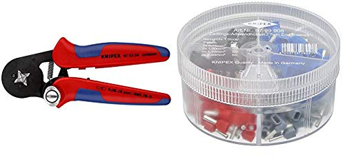 KNIPEX 97 53 04 Selbsteinstellende Crimpzange für Aderendhülsen mit Seiteneinführung brüniert mit Mehrkomponenten-Hüllen 180 mm & 97 99 908 Sortimentsbox mit Twin-Aderendhülsen