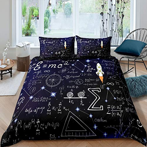 Homemissing Galaxis Betten Set Mathe Formeln Flugzeuge Bettbezug Set für Jungen Mädchen Geometrischer Streifen Dekor Bettwäsche Set 135x200cm Blauer Sternenhimmel mit 1 Kissenbezug 2St