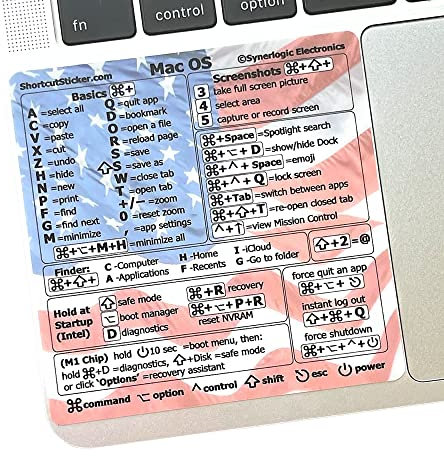 SYNERLOGIC Mac OS Keyboard Shortcuts Sticker | No-Residue Laminated Vinyl Cheatsheet MacBook Keyboard Sticker 83 x 83 mm (US Flag)