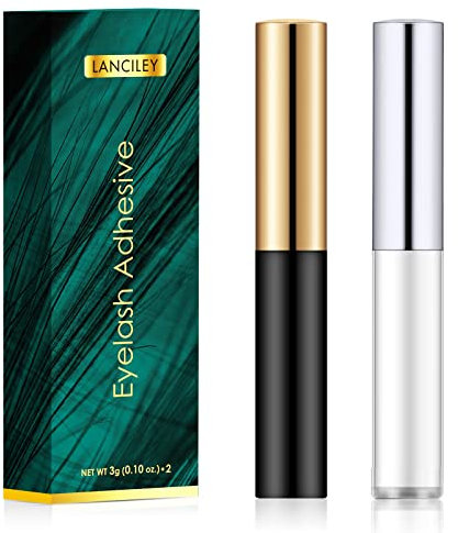 Lanciley Eyelash Glue Clear & Black 3g*2 0.1oz Strong Hold False Eyelash Glue with Brush Applicator for Strip Lash Cluster Lashes Waterproof Fast Drying