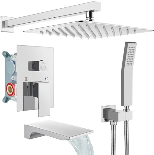 gotonovo Regendusche aus poliertem Chrom, Duscharmatur-Set mit Wasserfall-Wannenauslauf, 25.4 cm, Druckausgleich, Rough-In-Ventil und Verkleidung im Lieferumfang enthalten