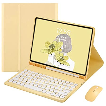 PboyiqiS Keyboard Case for iPad Air 11 inch (M3 2025/M2 2024)/Air 5th 4th Generation with Mouse, Cute Round Keys Detachable Keyboard Case with Pencil Holder, Yellow