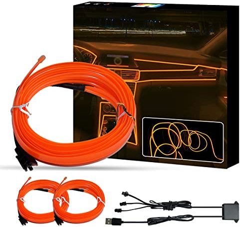 WOWLED Orange El Wire USB-Neon-Licht-Set für Auto-Innenbeleuchtung, 3-in-1 LED-Innenleiste, Atmosphäre und Nähkantendekoration (5 m/5 V)