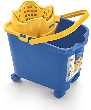 Mery |Cubo para Fregona solidario en colaboración con ACNUR | Escurre sin esfuerzo | Cubo Escurridor Automático | Capacidad 14 Litros | Con ruedas | Azul y amarillo, 38.20 x 25.5 x 39 cm