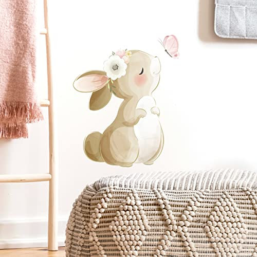 fanquare Kaninchen mit Blumen Wandtattoo Tier Hase Blumen und Schmetterling Wandaufkleber Abziehbilder für Baby Kinderzimmer Kinder Schlafzimmer Wohnzimmer