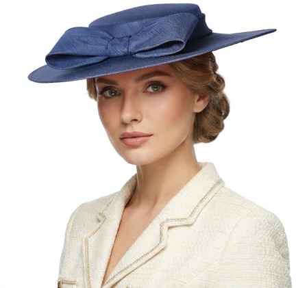 F FADVES Fascinators Damen-Pillbox-Hut, breite Krempe, 20er-/50er-Jahre-Stil, Schleife, Cocktail, Teeparty, Kirchenkleid, Hüte, Marineblau, M/L