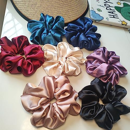7 Stück Scrunchies FZHGVML Groß Seiden Haargummi Damen Silk Scrunchie, Verlängerung und Erweiterung Haargummis Mädchen Scrunchies Set, Weich Seidig Elastisch Haargummi Seide