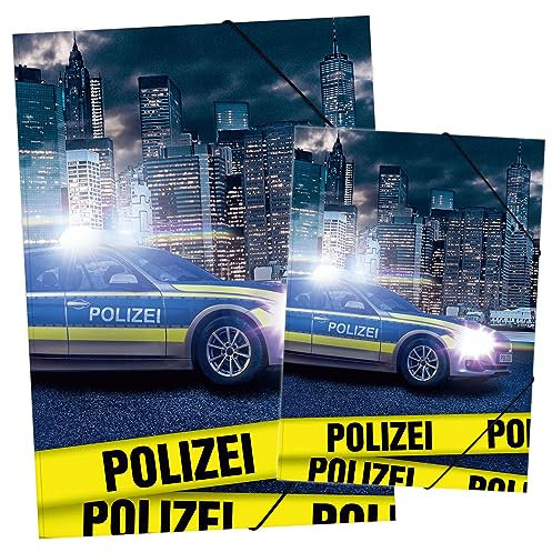 itenga Set Zeichenmappe DIN A3 und Sammelmappe DIN A4 mit Motiv - Gummizugmappe Sammelmappe - für Kinder Jugendliche Schüler Mädchen Jungen (Set A3 und A4 Motiv Polizei)