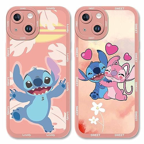 2 Pack Cartoon Phone Case for iPhone 14 Plus Case 6.7,Cute Character Flower Kawaii Stitch Anime Cases,Bare Pink Soft TPU Cover Shockproof Protective Funda for Women Girls Boys for iPhone 14 Plus