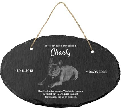 Gedenktafel für Hund und Katze aus Schiefer mit Bild und Gravur | Wetterfest graviert und personalisiert | Tiergrabstein für draußen | Grabplatte Haustier mit Foto | Oval 25x10cm