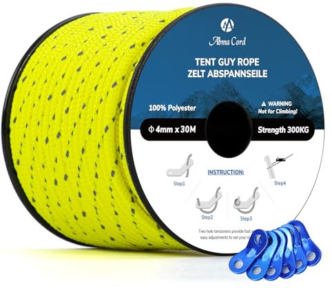 Abma Cord Tent Guy Ropes 4mm 30M Guy Line 6 Pcs Guy Rope Tensioners Heavy Duty Guide Rope for Camping, Gazebos, Awning, Tarp - Reflective Neon Yellow