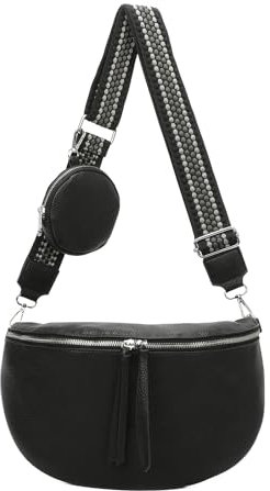 ITALYSHOP24 Damen Tasche Crossbody Schultertasche Gürteltasche Messenger-Tasche Hüfttasche Bauchtasche Umhängetasche Cross-Over Bodybag Handytasche Leder Optik Schwarz
