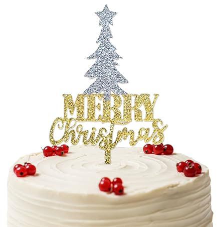 Merry Christmas Cake Topper, Gold Glitter Acryl Weihnachtsbaum Cake Picks für Weihnachten Winter Happy New Year Party Supply Dekoration