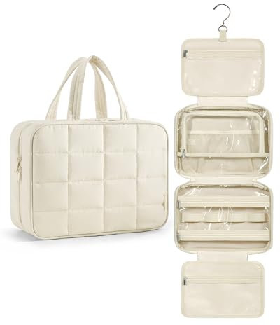 BAGSMART Kulturbeutel zum Aufhängen, Kulturtasche für Damen, Kosmetiktasche Groß, Toilettentasche Damen Reise Schmuck Organizer, Puffy Makeup Cosmetic Bag Organizer, Beige