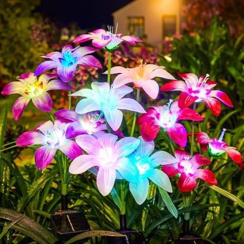 BUCASA Solarlampen für Außen Garten, 4 Stück Upgarded Solarleuchten für Außen mit Blühende 16 Lily Blumen, IP65 Wasserdicht Solarleuchten Garten Deko mit Farbig Licht für Terrasse, Rasen, Balkon, Hof