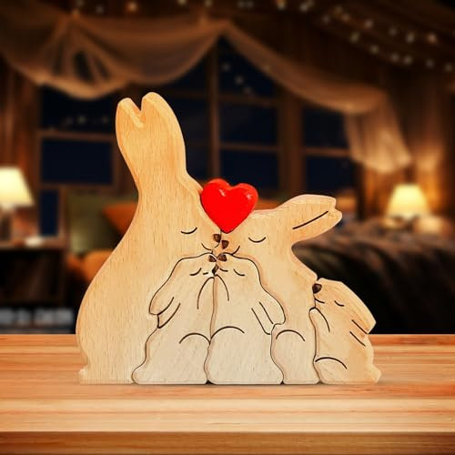 Personalisiertes Holzkunstpuzzle der Kaninchenfamilie mit 1-5 Namen Holz Kaninchen Skulpturen Desktop Ornament Familien Muttertagsgeschenk Puzzle Geschenke für Familie Home Tischdekoration