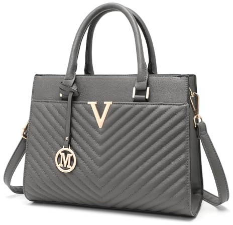 Miss Lulu Handtaschen für Damen, Schicke V-Stepp Frauen Henkeltaschen mit Goldenen Beschlägen, Große PU-Ledertasche für Arbeit, Schule, Reisen (Grau)