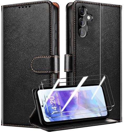 QHOHQ Handyhülle für Samsung Galaxy A55 5G Hülle mit 2 X Panzer Schutz Glas, Premium Leder Schutzhülle, [RFID Sperrung Schutz], Magnetische Schnalle, Multifunktional, Stoßfest (Klassiker) - Schwarz