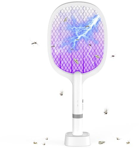 YOUBST Matamoscas Eléctrico 5000V 1800mAh, Matamoscas Eléctrico Extra Fuerte con Base de Carga USB C, Matamoscas Eléctrico 2 en 1 para Mosquitos, Moscas, Abejas, Avispas, Polillas