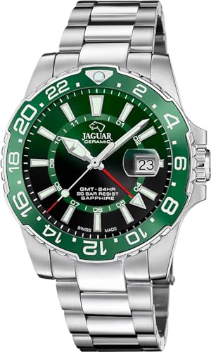 JAGUAR Swiss Made Herrenuhr Analog GMT aus Edelstahl 316L | Quarzuhr, Kalender, Widerstandsfähiges Saphirglas, Wasserdicht 20 ATM, J1011/3, Ceramic, Grünes Zifferblatt