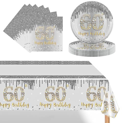 POPOYU 37Pcs White and Gold 60th Birthday Tableware Set,Silver Party Plates 60th,60th Birthday Plates and Napkins,60thBirthday Table Cloth for Him Her Men Women BirthdayGift Party Supplies