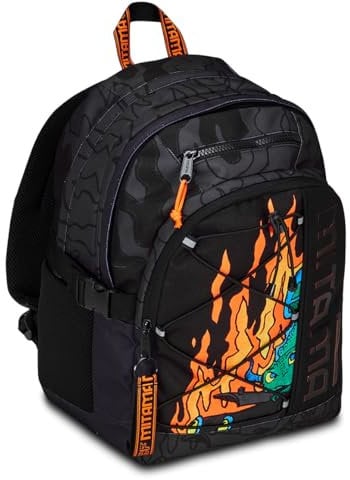 Mitama Hellblack Rucksack mit Dreifachfach und PC-Tasche, Schwarz und Orange, Grundschule und Freizeit, Kinder Jungen, Schwarz, Taglia unica, Rucksack mit Dreifachfach