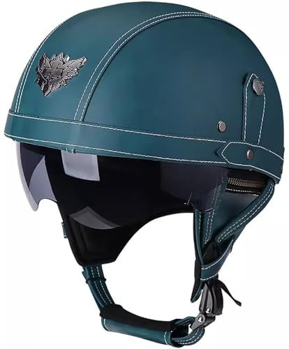 Motorrad-Halbschalenhelm ECE Zertifizierung Street Leder Jet-Helm Roller-Helm Sturzhelm Mit Visier Halbschale Jethelme Retro Cruiser Schutzhelm Für Damen Herren Erwachsene 3,L=59-60CM