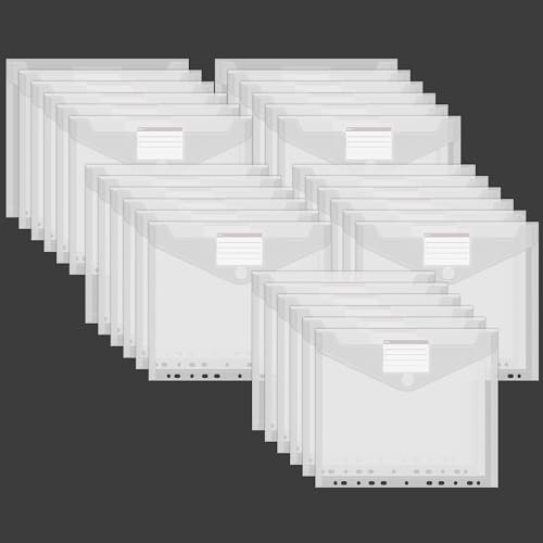 Dokumententasche Wasserdicht - 30 Stück, A4, 11 Lochrand, Sammelmappen mit Etikettentasche für Dokumente und Bürobedarf