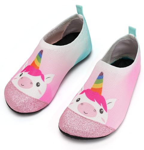 Torotto Hausschuhe Kinder Mädchen Junge Pantoffeln Atmungsaktive Rutschfest Weich Turnschläppchen Barfussschuhe für Lauflernschuhe Kleinkinder Schuhe Kindergarten Unisex(Rosa blaues Einhorn 28/29 EU)