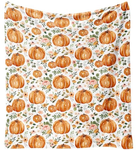 Yiyhuxf Herbst-Thanksgiving-Decken, orangefarbener Kürbis, rosa Blume, Bauernhausdecke, Überwurf, Flanell-Fleece, Überwurfdecke für Zuhause, Wohnzimmer, Couch, Bett, Stuhl oder Wohnheim, Dekoration,