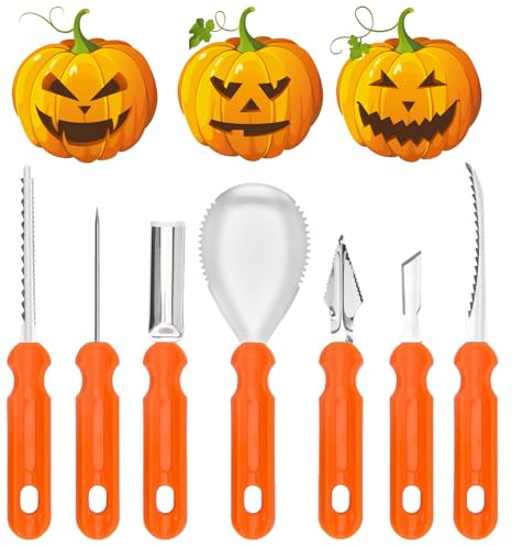 KEELYY Halloween-Kürbis-Skulptur-Set, 7-teilig, Kürbisschnitzwerkzeuge aus Edelstahl, DIY-Kürbisschnitzmesser, für Kinder & Erwachsene, einfach & sicher