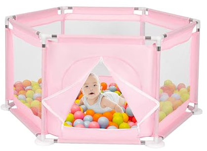 Queiting Baby Laufstall Netz-Seitenfenster Sechseckiger Gitterzaun Faltbares und Kompaktes Kinder Laufgitterzelt Spielen im Innen-oder Außenbereich Tresor Krabbeln 128cm x 110cm x 65cm (Pink)