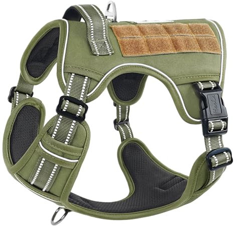 HEELE Hundegeschirr, Metall Taktisches Geschirr, Taktische Hundeweste, Service Hundegeschirr, MOLLE Sicherheitsgeschirr, Brustgeschirre für Hunde, Laufgeschirre für Hunde, Armee Grün, M