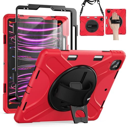 BRAECN pour Coque iPad Pro 12.9 Pouces (6ème/5ème/4ème/3ème Génération, 2022/2021/2020/2018), Étui de Robuste avec Film Protection, Support Rotatif à 360°et Dragonne, Porte-Stylet, Bandoulière, Rouge