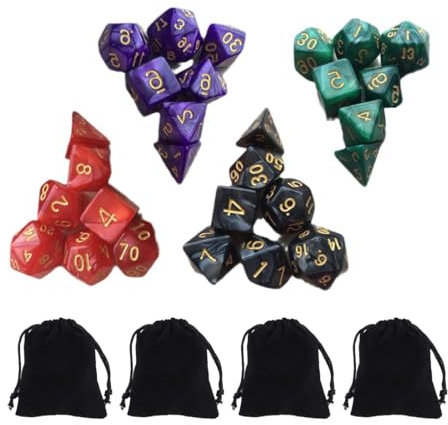 SIRLOMU Set da 4 da 28 pezzi di dadi poliedrici colorati, dadi da gioco con 4 sacchetti con cordino per Dungeons & Dragons DND RPG MTG Giochi da Tavolo