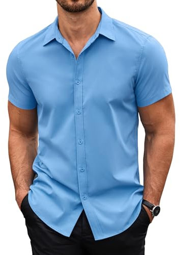 COOFANDY Shirts for Men Adult Short Sleeve Shirt Non Iron Dress Shirt Regular Fit Business Casual Shirt Stretch Formal Shirt Summer Shirt Wedding Blue 3XL