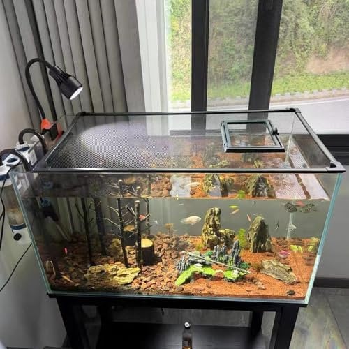 Verstellbarer, magnetischer Fischtank-Deckel, max. 60 x 140 cm, Abdeckung für Aquarium, Anti-Spring-Netzhaube mit Futterfenster, Terrarium-Deckel schützt Reptilien vor dem Entkommen