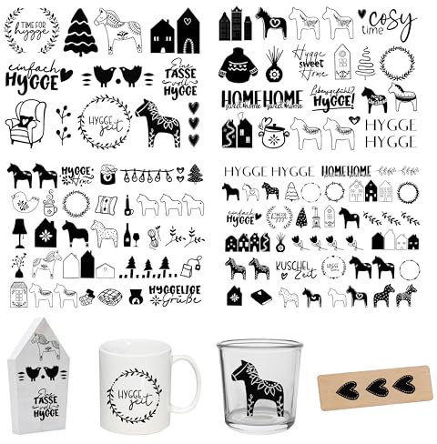 FloraVigo Rub On Sticker ca.A5 19x14cm-Spruch Deko zum Geburtstag, Keraflott, Hochzeit, Zuhause, Wischfolie für Möbel, Glas, Holz, Fotoalbum, DIY Deko, Aufkleberästhetik(4PCS) (HYGGE)