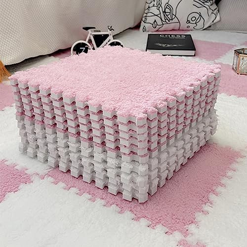 16 Pcs Interlocking Carpet Shaggy Tiles - Coverage 4ft x 4ft, Foam Carpet Squares Protective Floor Mats Soft Fluffy Bedroom Kids Area Rugs for Classroom Use, White+Pink