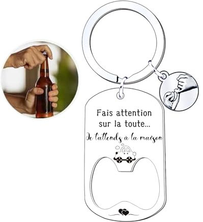 JRZDFXS Cadeau Saint valentin Porte-Clé Voiture Cadeau Décapsuleurs Acier Inoxydable Porte Clef Pendentif Personnalisé avec Fais attention sur la route Porte-Clé de Homme Femme Anniversaire